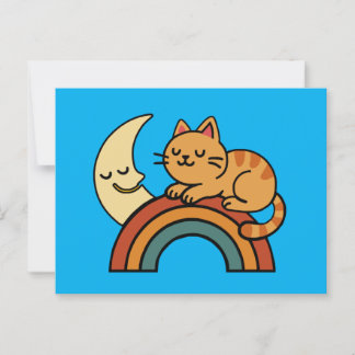 Carte Postale Chat couché mignon sur arc-en-ciel avec lune