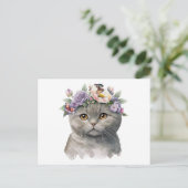 Carte Postale Chat couleur gris mignonne avec fleurs et papillon (Debout devant)