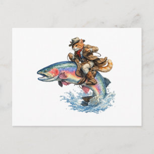 Carte Postale Chat Cowboy Chevauchant une Truite Arc-en-Ciel au