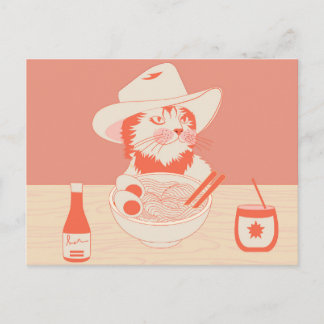 Carte Postale Chat cowboy mangeant des Ramen