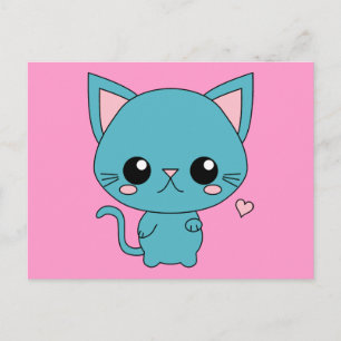Carte Postale Chat Cute Blue Kawaii