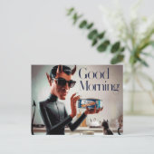 Carte Postale Chat d'alimentation du diable du bon matin (Debout devant)