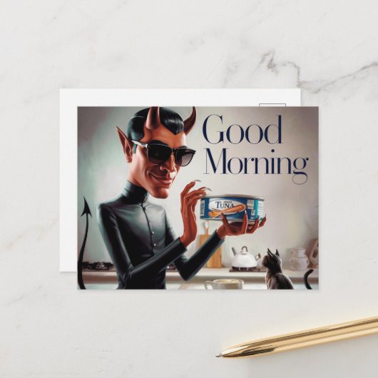 Carte Postale Chat d'alimentation du diable du bon matin (Devant/Arrière en situation)