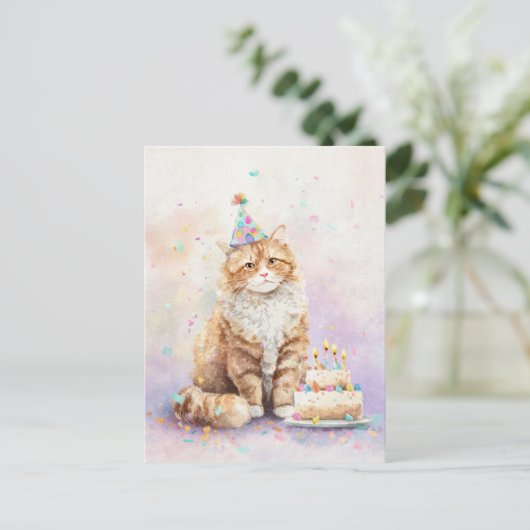 Carte Postale Chat d'anniversaire avec gâteau – Chat mignon avec (Debout devant)