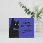 Carte Postale Chat d'Anniversaire Noir Joyeux avec Cravate Bleu  (Debout devant)