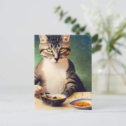 Carte Postale Chat dans l'espace Manger IA Art généré (Debout devant)