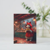 Carte Postale Chat dans un manteau rouge avec un cheeseburger (Debout devant)