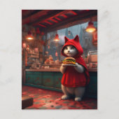 Carte Postale Chat dans un manteau rouge avec un cheeseburger (Devant)