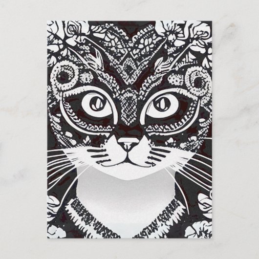 Carte Postale Chat dans un Masque Mardi Gras noir et blanc (Devant)