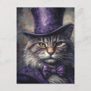 Carte Postale Chat dans un Tophat pourpre Vintage