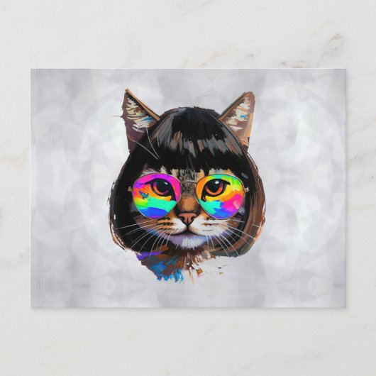Carte Postale Chat dans une perruque + Lunettes de soleil (Peint (Devant)