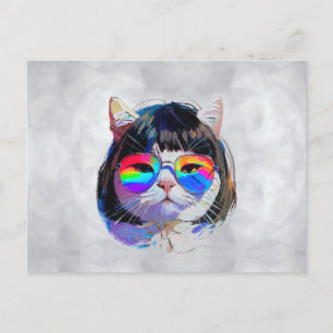 Carte Postale Chat dans une perruque + Lunettes de soleil (Peint