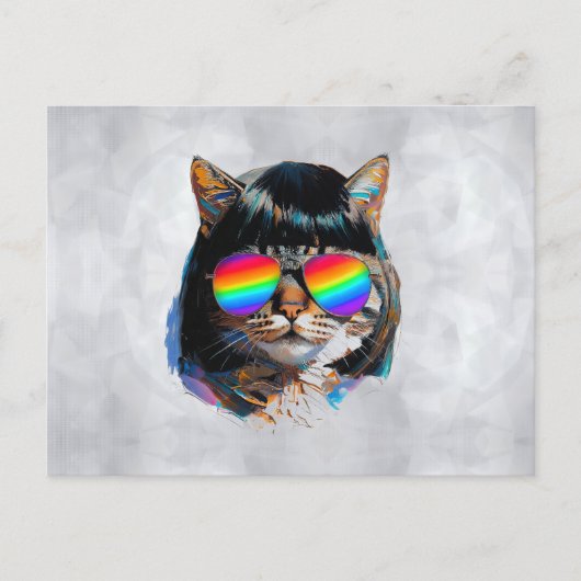 Carte Postale Chat dans une perruque + Lunettes de soleil (Peint (Devant)