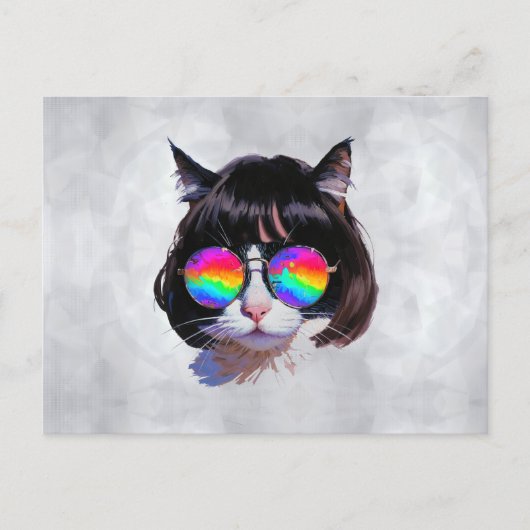 Carte Postale Chat dans une perruque + Lunettes de soleil (Peint (Devant)