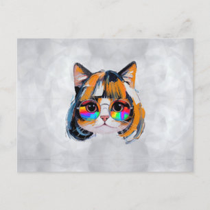Carte Postale Chat dans une perruque + Lunettes de soleil (Peint