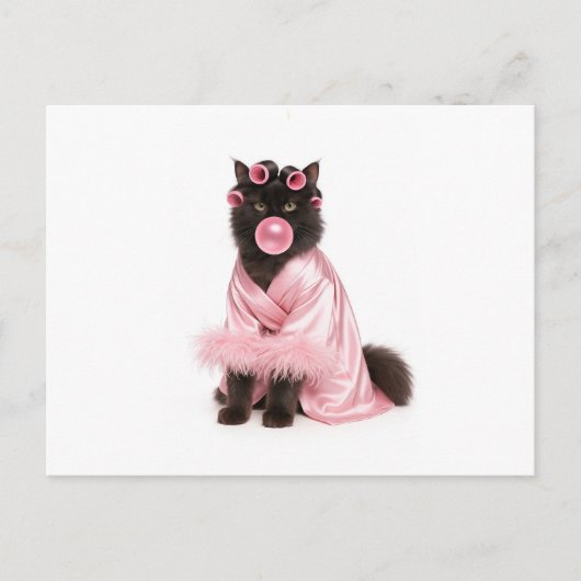 Carte Postale Chat dans une robe rose avec bigoudis et bubble-gu (Devant)