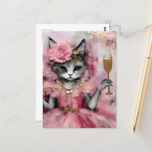 Carte Postale Chat dans une robe rose avec un verre d'or