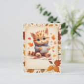 Carte Postale Chat d'aquarelle d'automne tenant une lettre - (Debout devant)