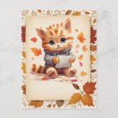 Carte Postale Chat d'aquarelle d'automne tenant une lettre - (Devant)