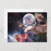 Carte Postale Chat d'astronaute chassant une tranche de pizza (Devant / Derrière)