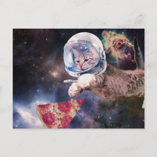 Carte Postale Chat d'astronaute chassant une tranche de pizza (Devant)