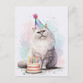 Carte Postale Chat de birthday blanc et duveteux – Chat au chape (Devant)