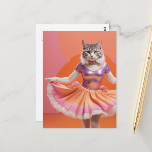 Carte Postale Chat de danse adorable en rose orange (Devant/Arrière en situation)