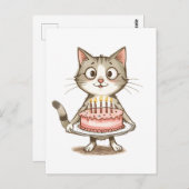 Carte Postale Chat de dessin animé avec gâteau d'anniversaire (Devant / Derrière)