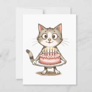 Carte Postale Chat de dessin animé avec gâteau d'anniversaire
