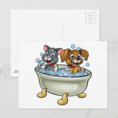 Carte Postale Chat de dessin animé et chien dans le bain (Devant / Derrière)