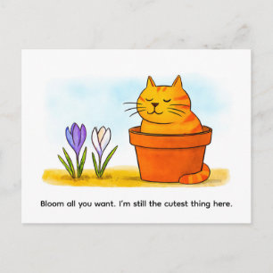 Carte Postale Chat de dessin animé mignon assis dans des fleurs