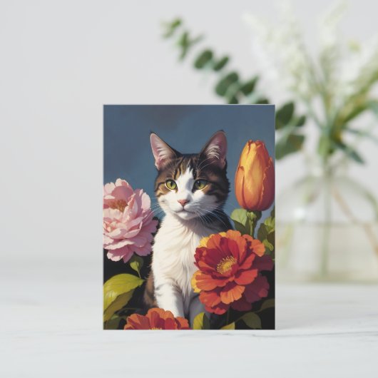 Carte Postale chat de fleurs (Debout devant)