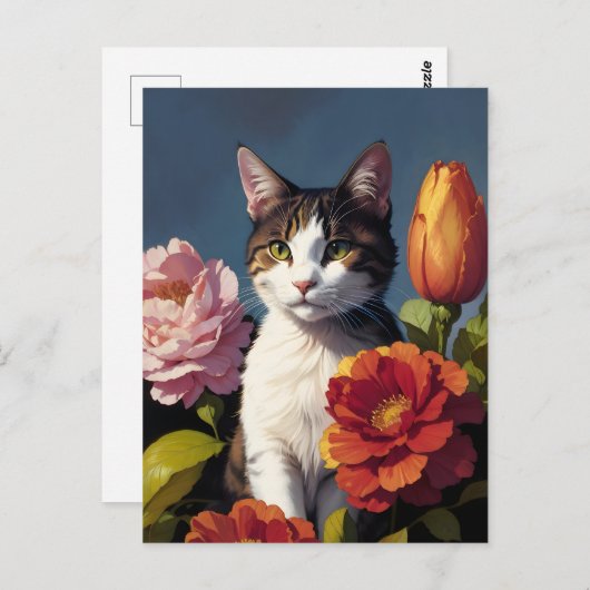 Carte Postale chat de fleurs (Devant / Derrière)
