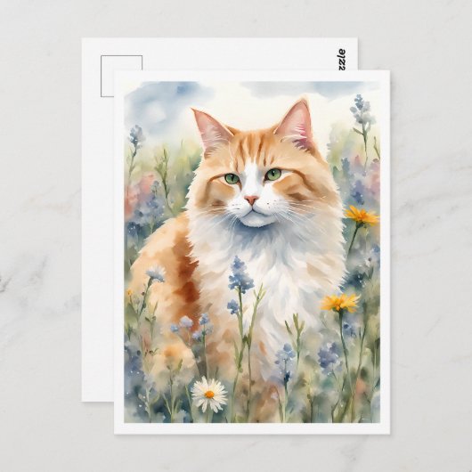 Carte Postale Chat de gingembre dans une prairie Fleur sauvage (Devant / Derrière)