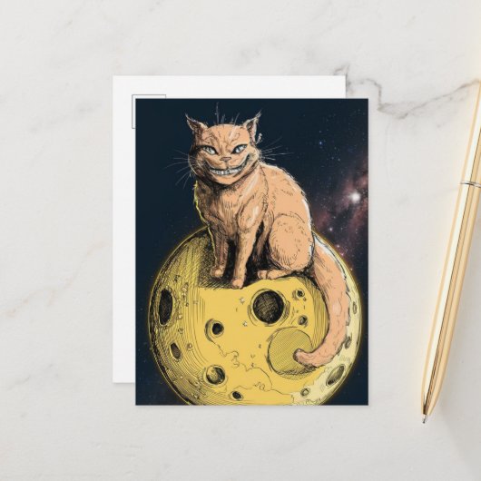 Carte Postale Chat de gingembre sourit sur la lune (Devant/Arrière en situation)