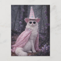 Chat de magicien magique en cape et chapeau rose s