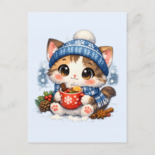 Carte Postale Chat de muguet hivernal – Chaton mignon boit une b