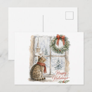 Carte Postale Chat de Noël à la fenêtre avec couronne