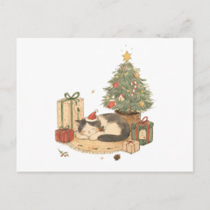 Carte Postale Chat de Noël cosy avec des cadeaux et un sapin de