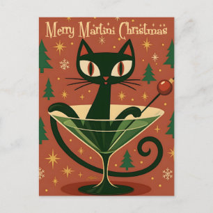 Carte Postale Chat de Noël Merry Martini de milieu de siècle