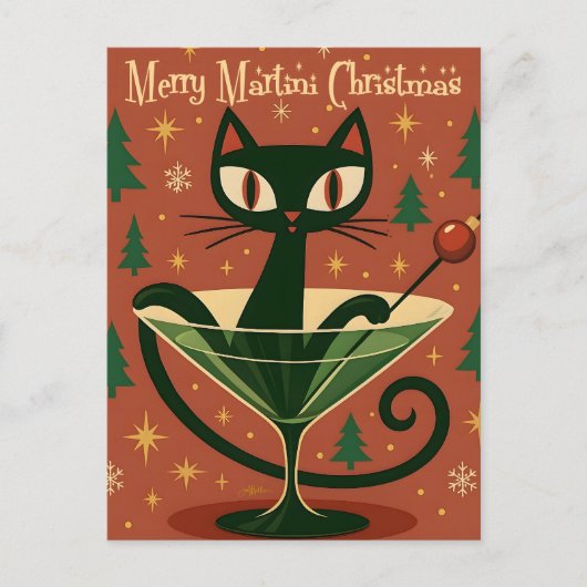 Carte Postale Chat de Noël Merry Martini de milieu de siècle (Devant)