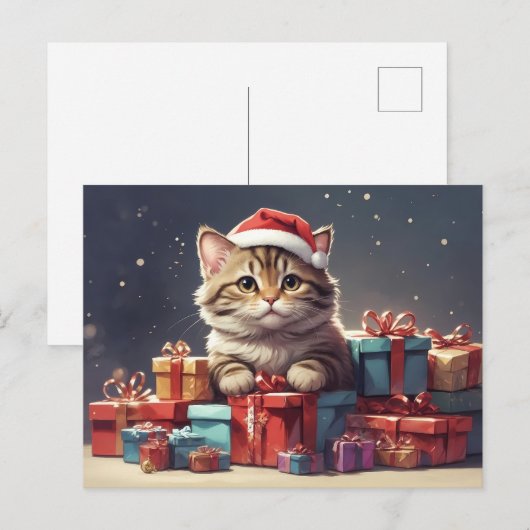 Carte Postale chat de Noël mignon (Devant / Derrière)