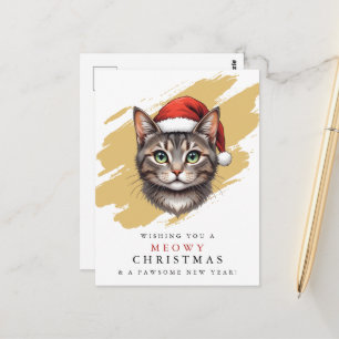 Carte Postale Chat de Noël mignon moderne avec chapeau de Père N