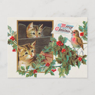 Carte Postale Chat de Noël vintage et baie de houx