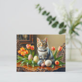 Carte Postale Chat de Pâques avec oeufs et tulipes (Debout devant)