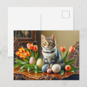 Carte Postale Chat de Pâques avec oeufs et tulipes (Devant / Derrière)