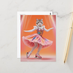Carte Postale Chat de patinage sur glace adorable en rose