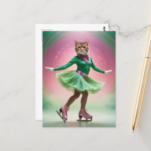Carte Postale Chat de patinage sur glace adorable en vert et ros