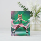 Carte Postale Chat de patinage sur glace mignonne en rose et ver (Debout devant)