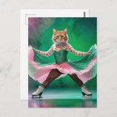 Carte Postale Chat de patinage sur glace mignonne en rose et ver (Devant / Derrière)